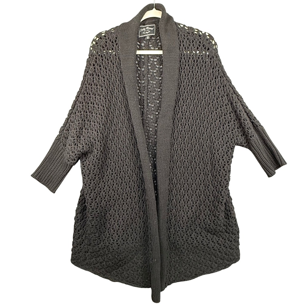 Oversized Lucky Brand 2X Cardigan Black Open Front Crochet Knit Batwing Boho